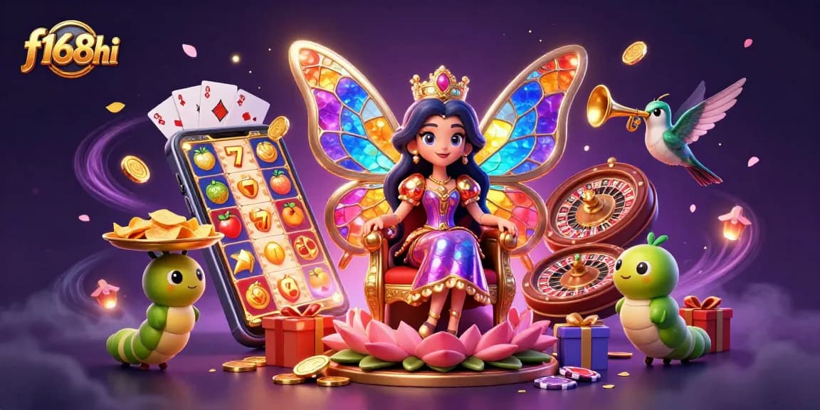 Spin thrilling slots and win with f168hi's vibrant casino scene featuring a butterfly queen.