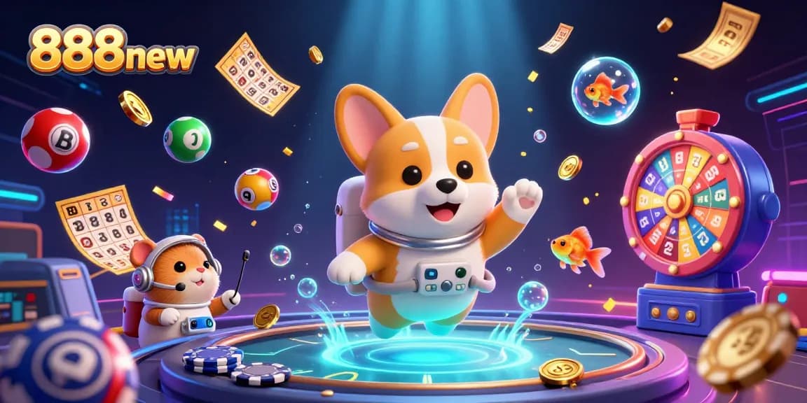 Join the fun at 888new with an astronaut corgi enjoying games and lottery action in a vibrant casino!