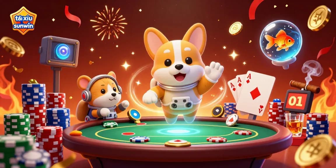 Tài xỉu sunwin comes alive in a vibrant casino scene with floating poker chips and characters celebrating the game!