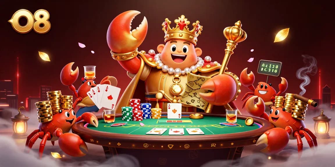 Engage with O8's thrilling poker scene featuring a golden crab emperor at the center.