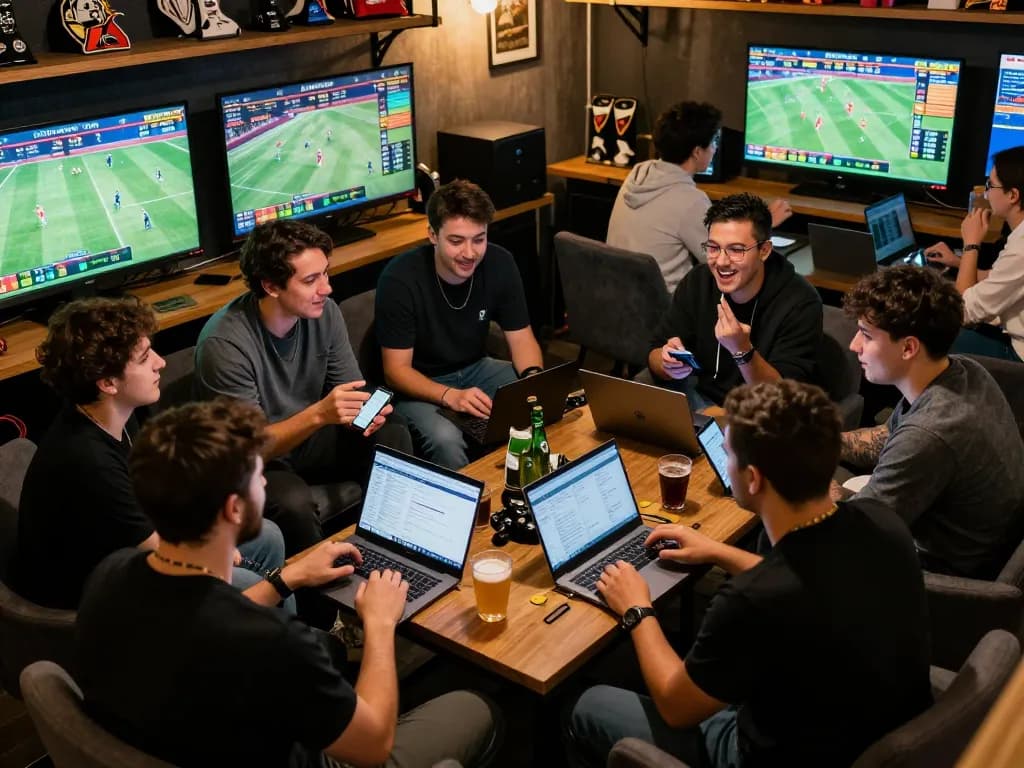 Engaged friends using keonhacaii88 for sports betting during a lively match night