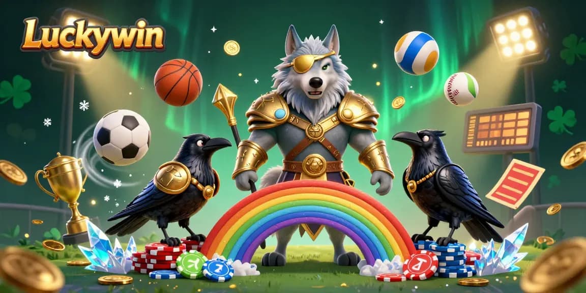 Experience Luckywin's thrilling casino adventure with Odin and his ravens on a vibrant casino chip bridge.