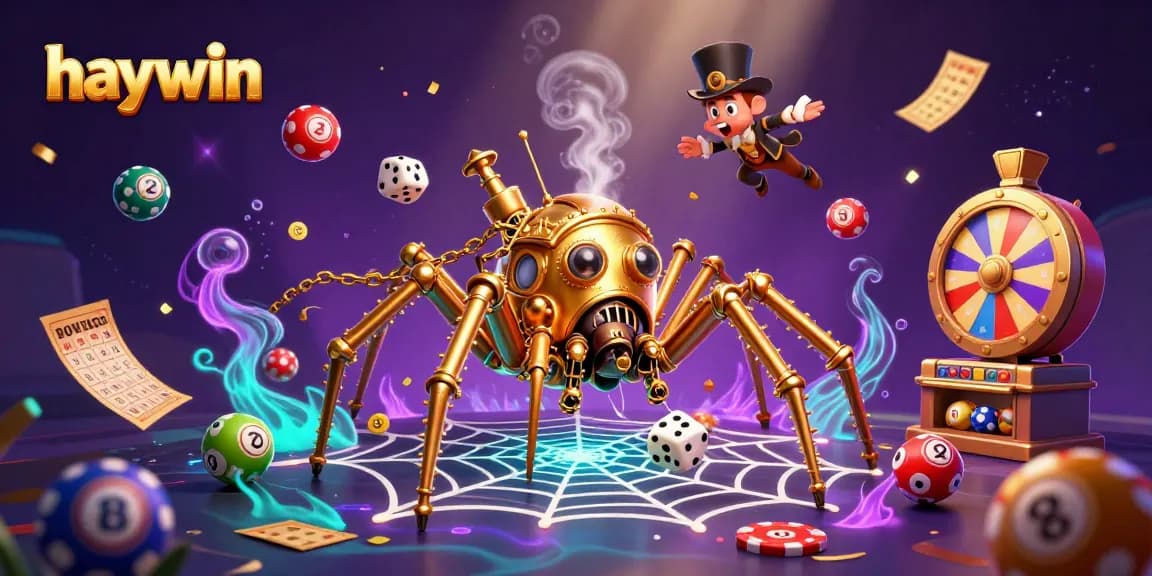 Experience haywin's thrilling games with a bustling casino scene featuring dynamic lottery elements and a charming spider.
