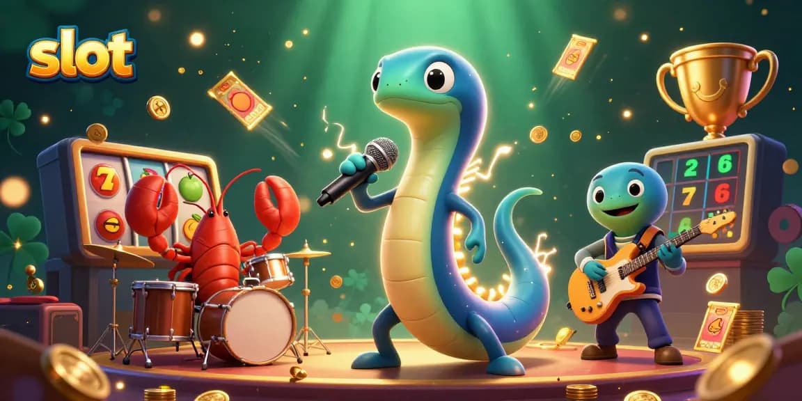 Spin the slot reels with vibrant casino energy, featuring cartoon eel performers and gold coins.