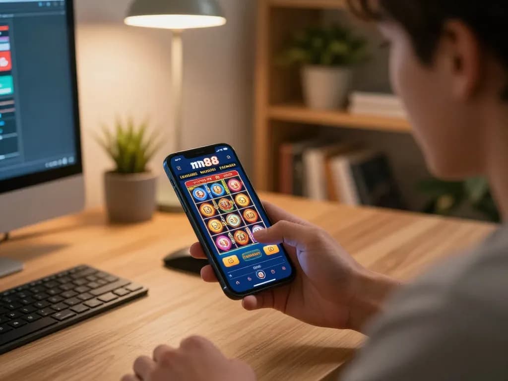 ผู้เล่นกำลังใช้แอป ทางเข้าm88 มือถือ บนสมาร์ทโฟน เพลิดเพลินกับประสบการณ์คาสิโนออนไลน์