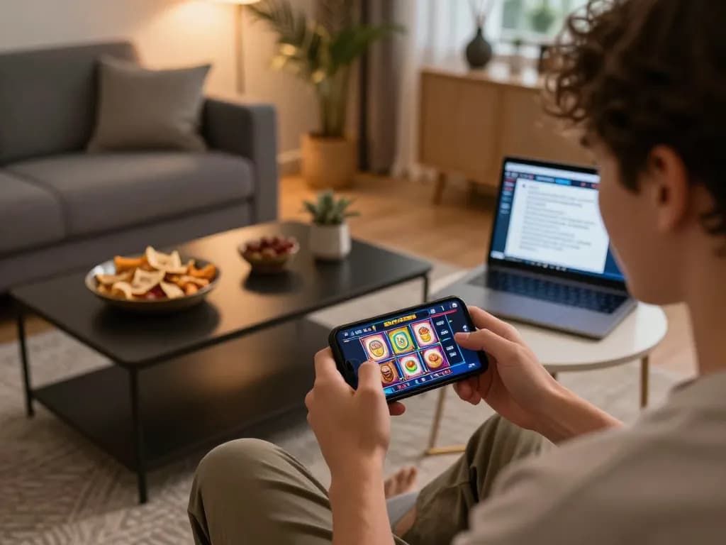 Engaging with SLOT88 games on a smartphone in a cozy living room, highlighting responsible gambling.