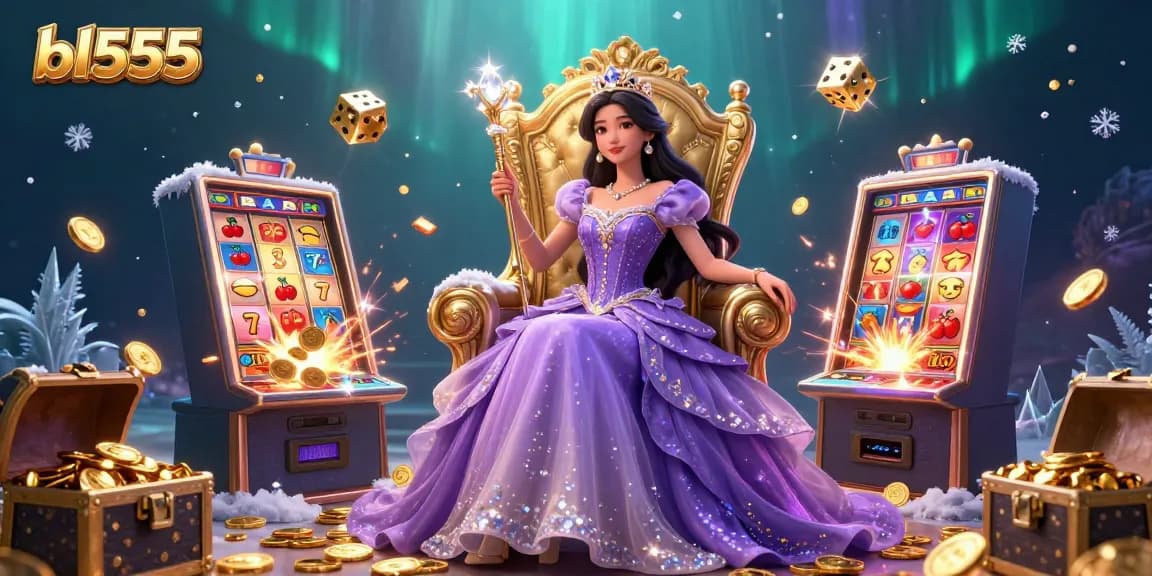 Win big at bl555 with a vibrant 3D illustration showcasing a casino princess surrounded by gaming excitement.