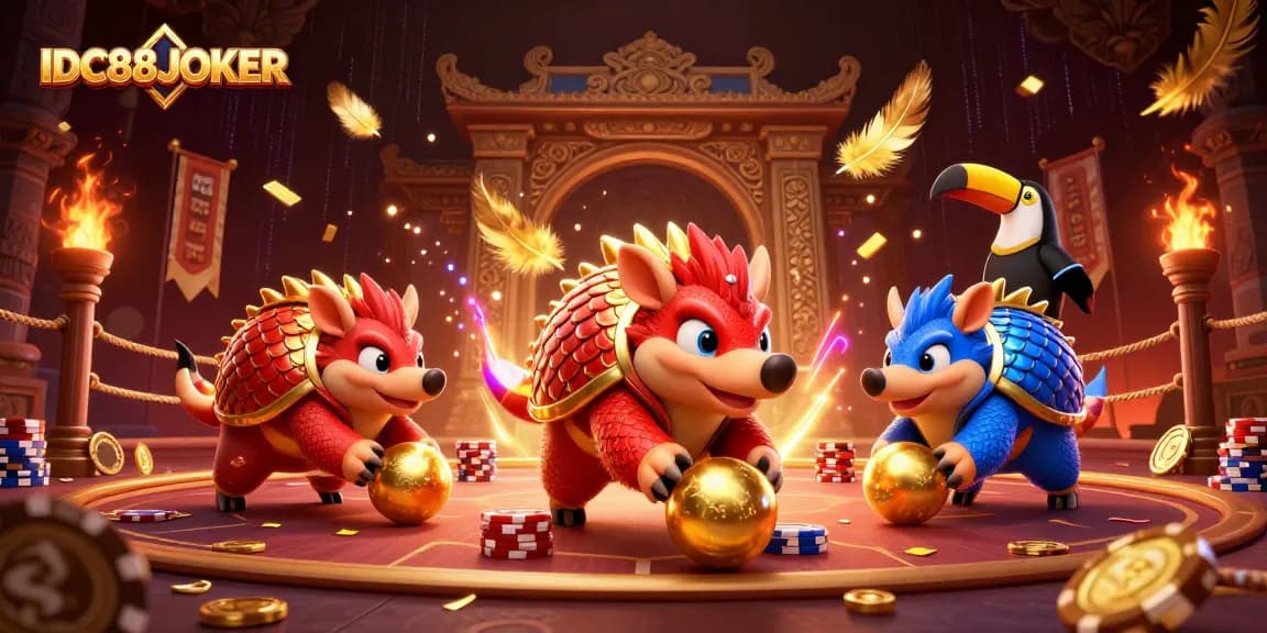 Engage with IDC88JOKER as rival pangolins roll poker chips in a vibrant casino scene.