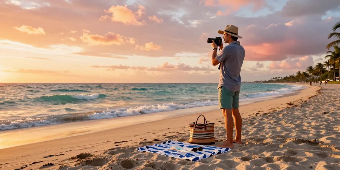Pengunjung pantai di https://miami4d.com/ menikmati matahari terbenam di Miami dengan kamera dan alat pantai.