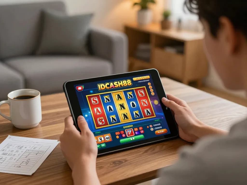 Experience the thrill of IDCASH88 Slot gaming on a tablet in a cozy home atmosphere