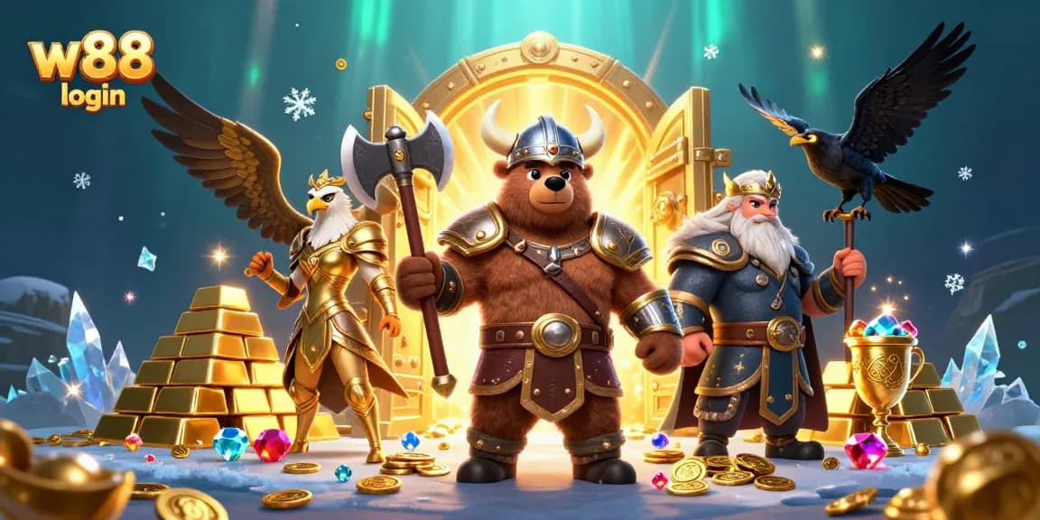 w88 login to exciting 3D illustration featuring a bear and eagle surrounded by treasures