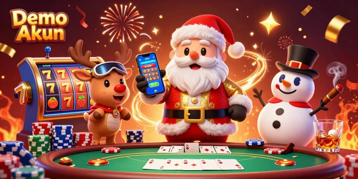 Spin the reels with Demo Akun in a festive casino scene filled with winning symbols and fun characters.