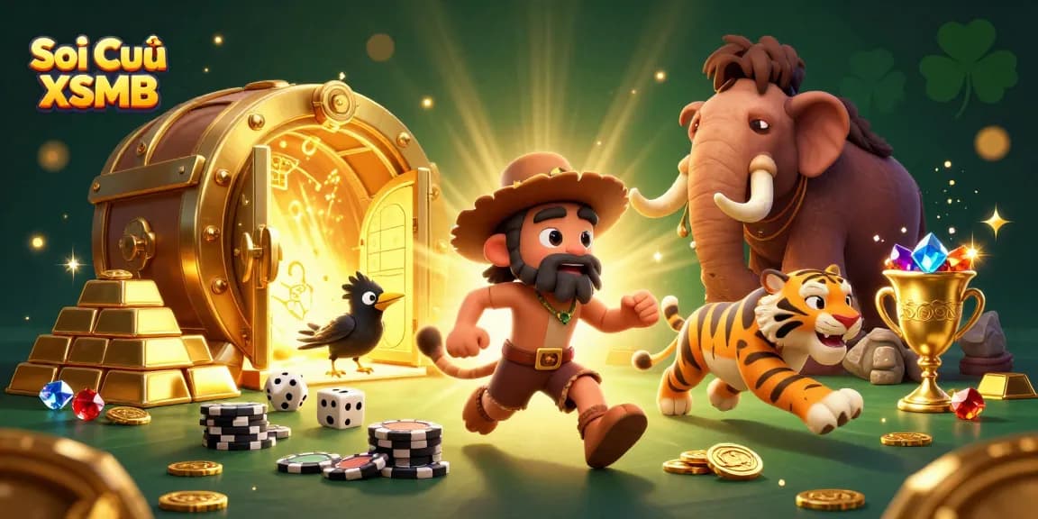 Soi Cầu XSMB predictions with vibrant 3D illustration of caveman and sabertooth tiger in a casino
