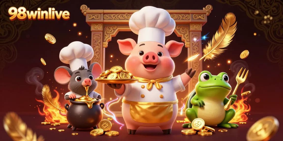 Experience the thrill of 98winlive, where a chef pig serves golden treasures in a vibrant casino scene.