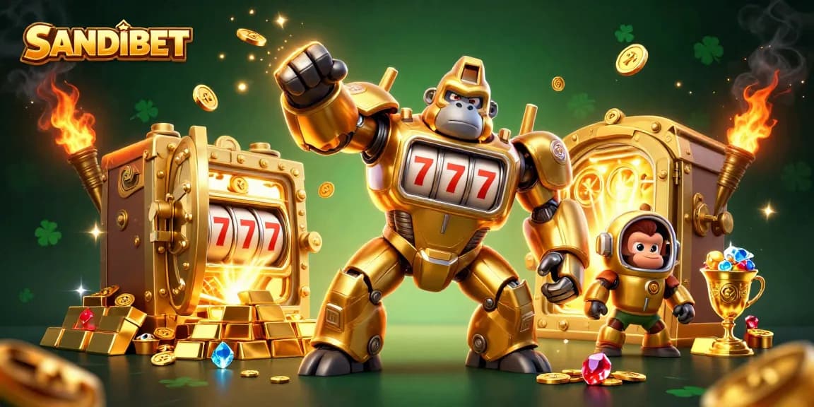 SANDIBET showcases a thrilling 3D casino mech scene exploding with coins and luxury symbols.