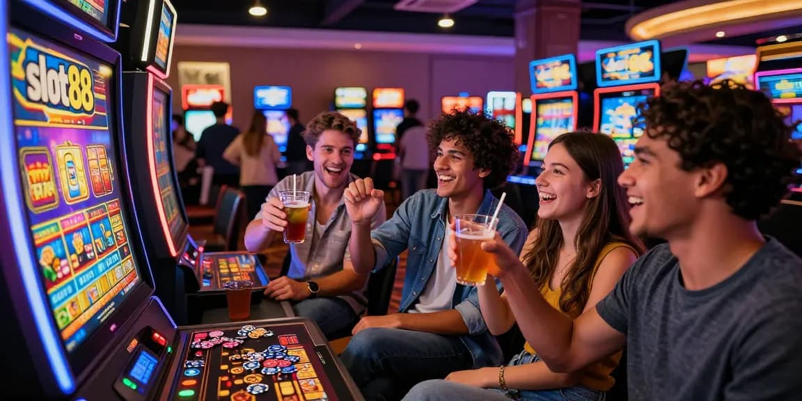 Teman merayakan kemenangan di mesin slot88 di kasino yang meriah.