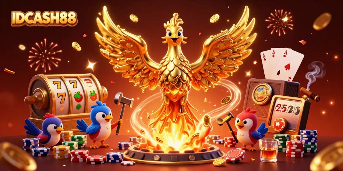 Experience the thrill of winning at IDCASH88 with an illustrated scene of dynamic slots and golden rewards.