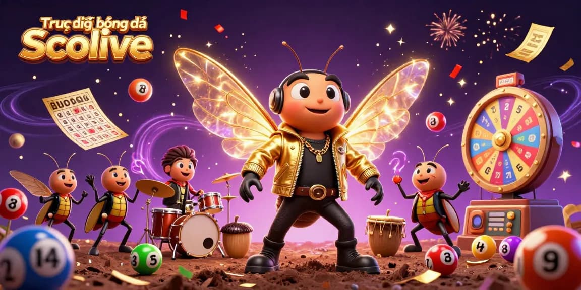 Join the excitement of Trực tiếp bóng đá Socolive with vibrant illustrations of a rock star cicada and dynamic gaming elements.
