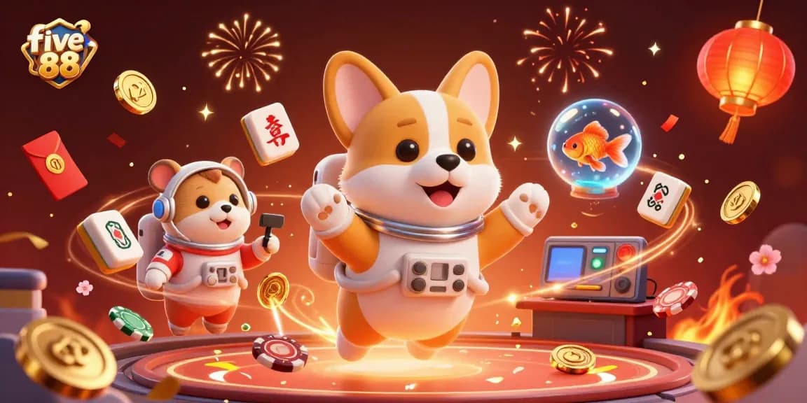 Experience thrilling gaming moments with five 88 in a vibrant casino space scene filled with playful characters.