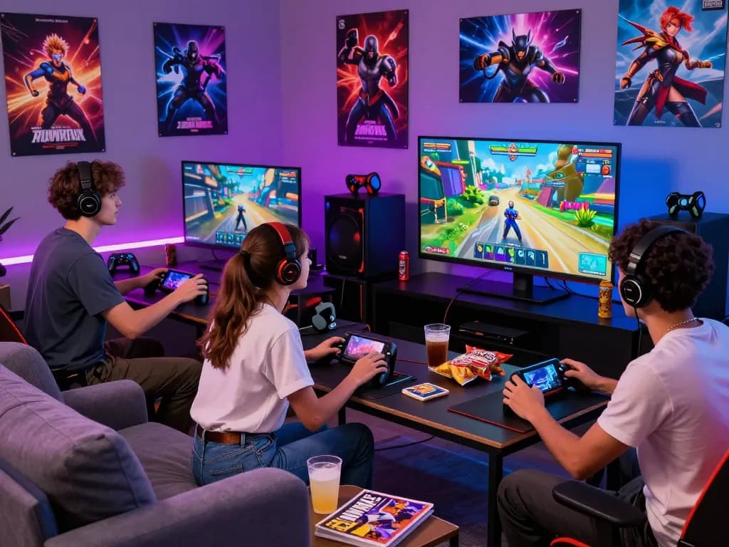 Group of friends enjoying autowin88 mobile gaming in a vibrant gaming room
