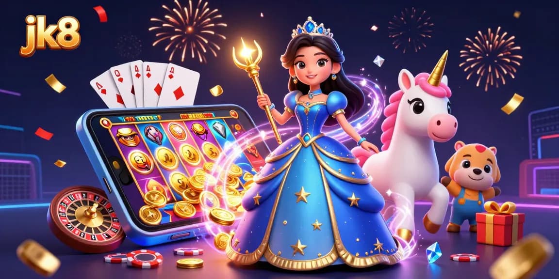 Experience the magic of jk8 as players spin reels, winning big amidst enchanting casino elements and vibrant celebration.