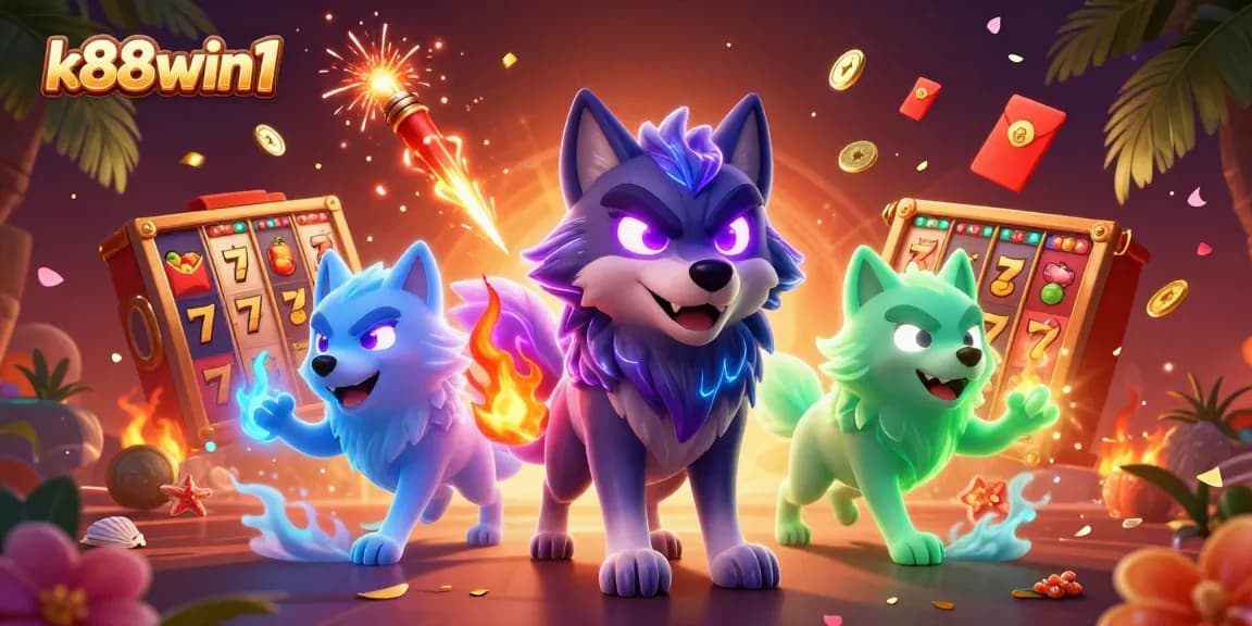 Experience thrilling slot action with k88win1's vibrant casino illustration featuring lucky 7s and jackpot reels.