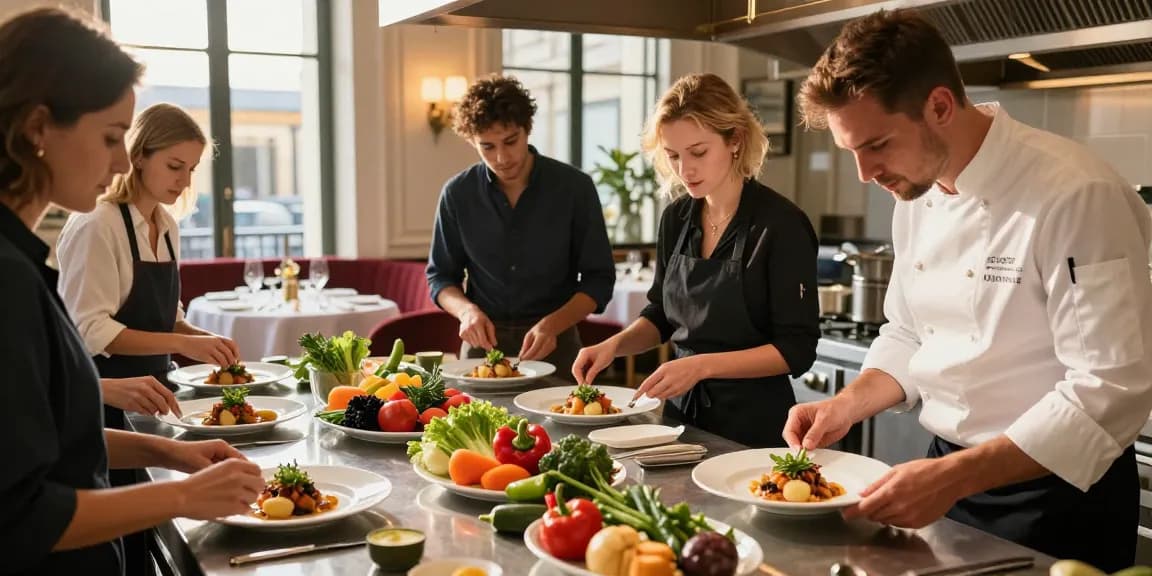 Interns in France gaining hands-on experience in a vibrant hotel kitchen, preparing French dishes under expert guidance.