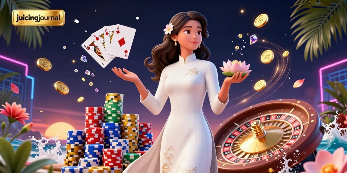Experience thrilling juicingjournal gaming with vibrant casino elements including poker chips, roulette, and stunning characters.