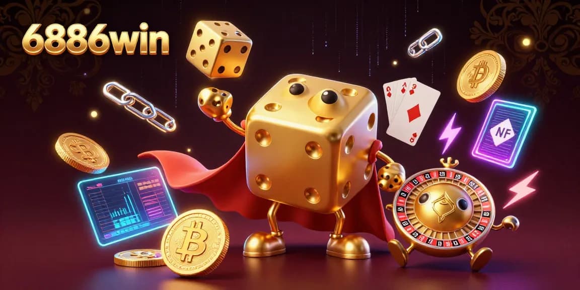 Experience the thrilling realm of gambling with 6886win's dynamic casino creation showcasing golden dice and crypto elements.