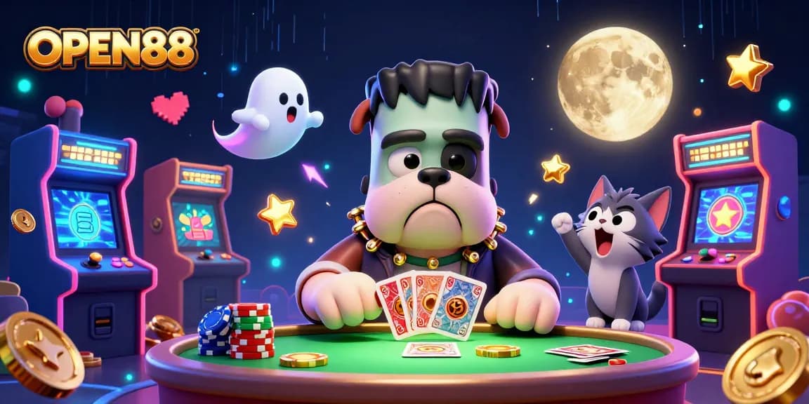 Experience thrilling card games with OPEN88 featuring a cartoon bulldog dealer and vibrant casinos.