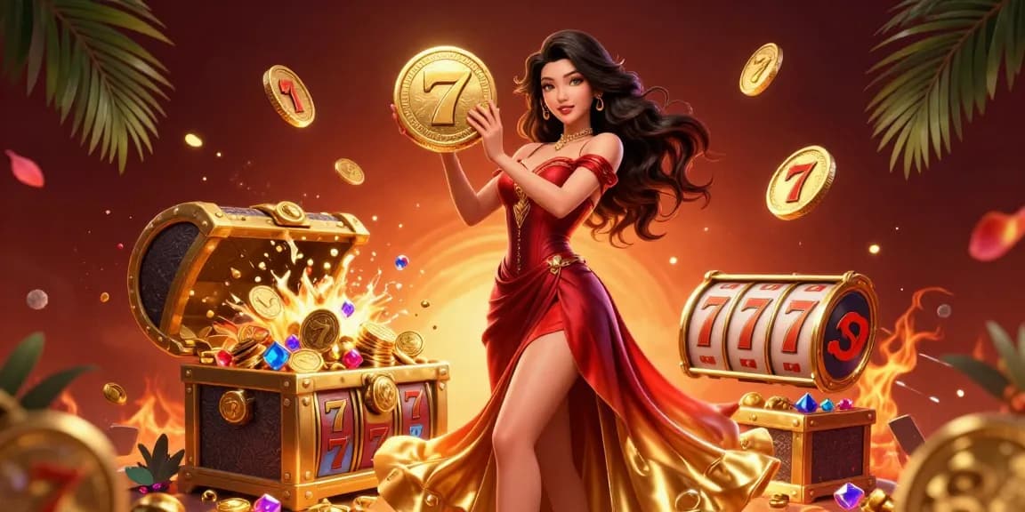 Experience thrilling gameplay at O8 featuring a stunning Asian casino host amidst gold coins and vibrant slot reels.