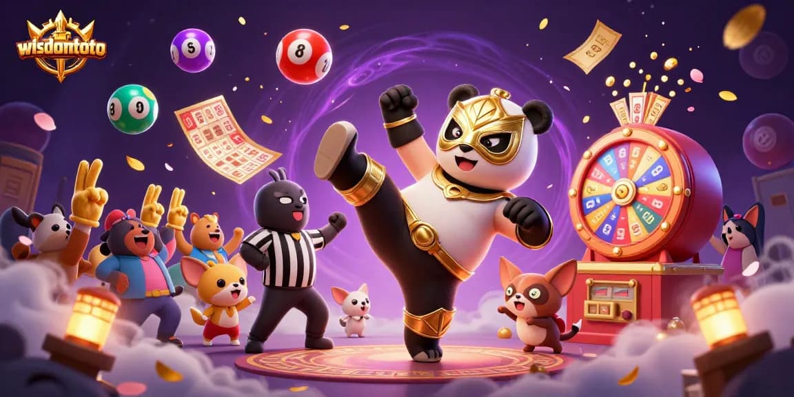Memenangkan permainan slot online di WisdomToto dengan dikelilingi oleh bola lotere berwarna-warni dan tiket emas yang berkilauan.