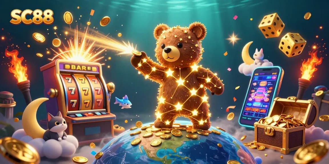 Engage with SC88's thrilling slots illustration featuring golden stars, vibrant casino elements, and dynamic gameplay.