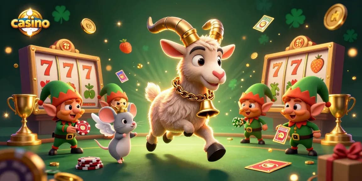Engage with the thrilling casino scene featuring a Krampus goat in chains managing chaos with elf gremlins.
