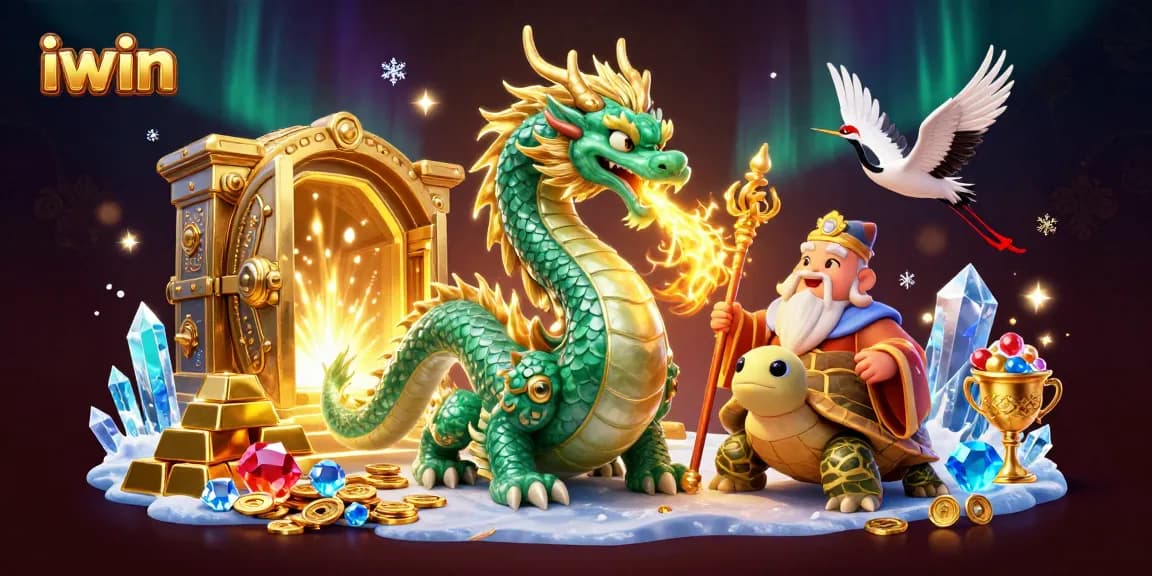 iwin offers exciting gameplay with a 3D illustration featuring a jade dragon, golden treasures, and more.