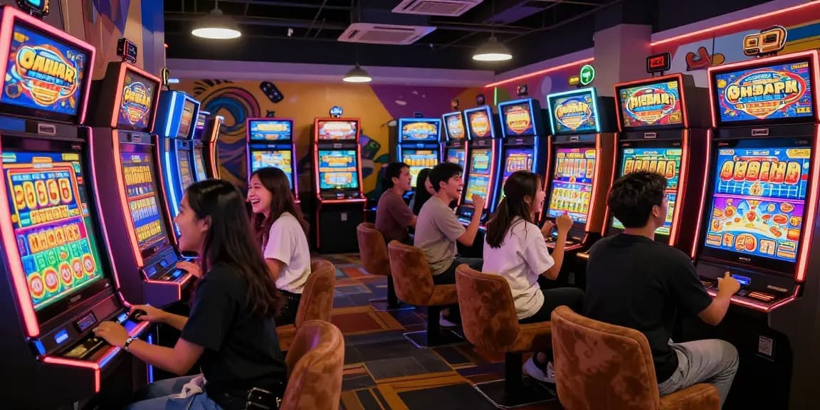 Slot gacor, kelompok teman merayakan kemenangan di mesin slot, suasana arcade ceria.