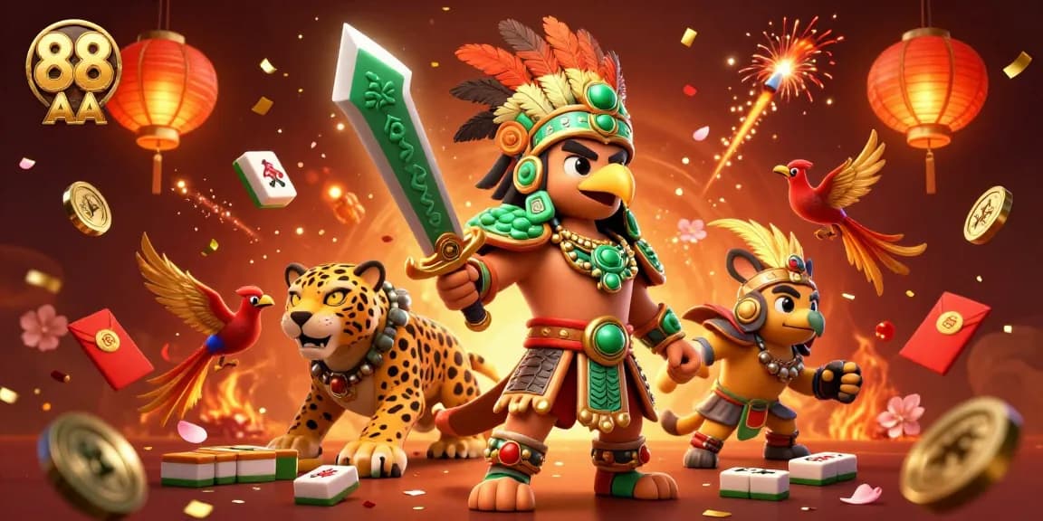 Engage with exciting slots and jackpots in this vibrant 88 AA casino scene featuring dynamic characters and festive elements.