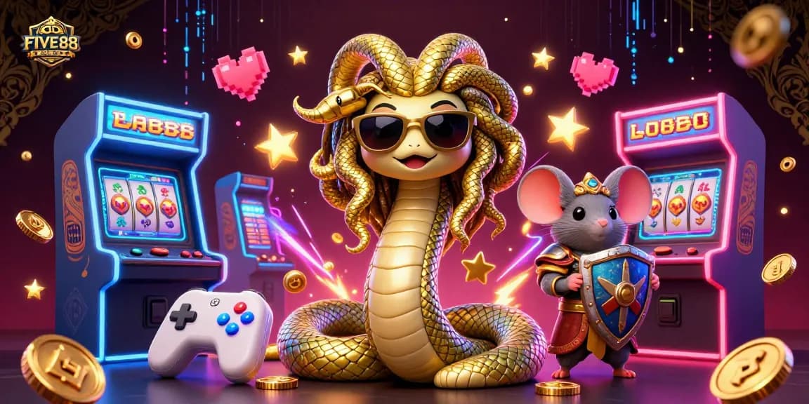 Engage with the vibrant FIVE88 gaming world, featuring Medusa and warrior mouse in an exciting casino adventure.