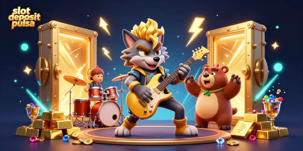 Experience excitement in slot deposit pulsa with cartoon rock star wolf and drummer bear amidst gold treasures.