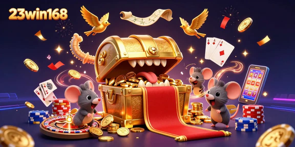 Engage with 23win168's vibrant casino action featuring treasure, games, and winning elements.