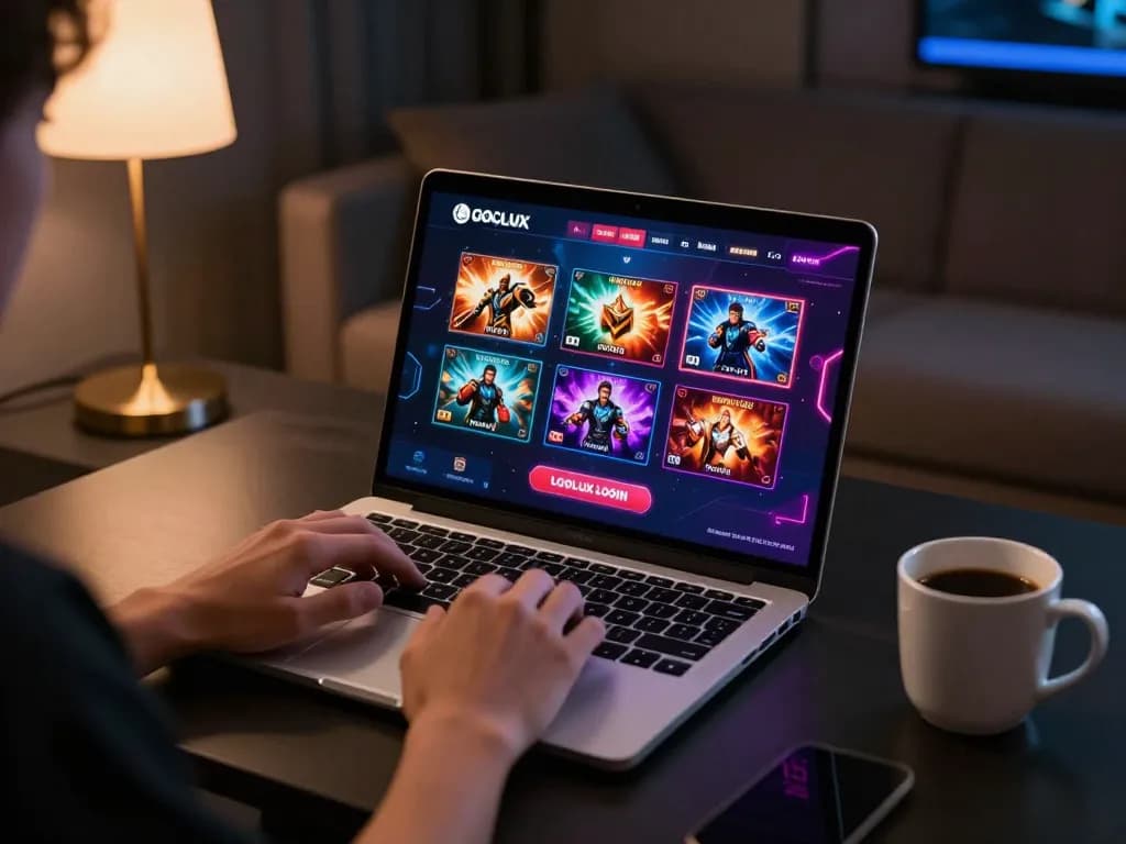 Engaging in LGOLUX LOGIN on a laptop in a stylish home setting, showcasing vibrant casino games.