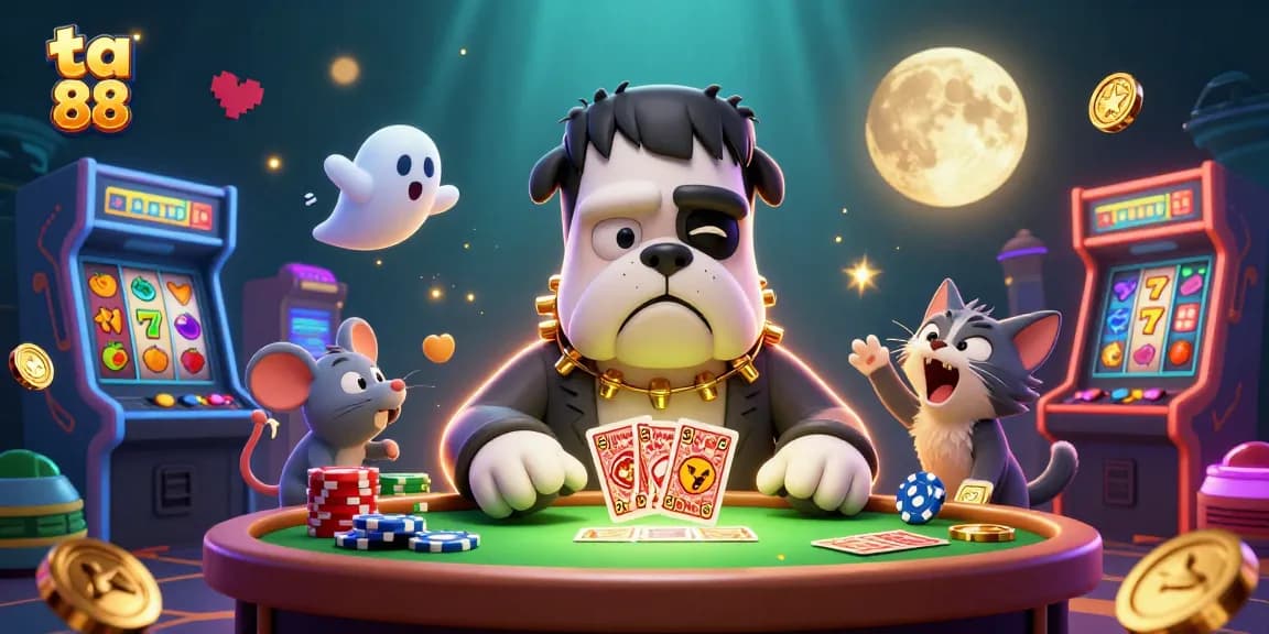Engage in the thrill of ta 88 with a colorful casino scene featuring a quirky bulldog dealer and magical gaming elements.