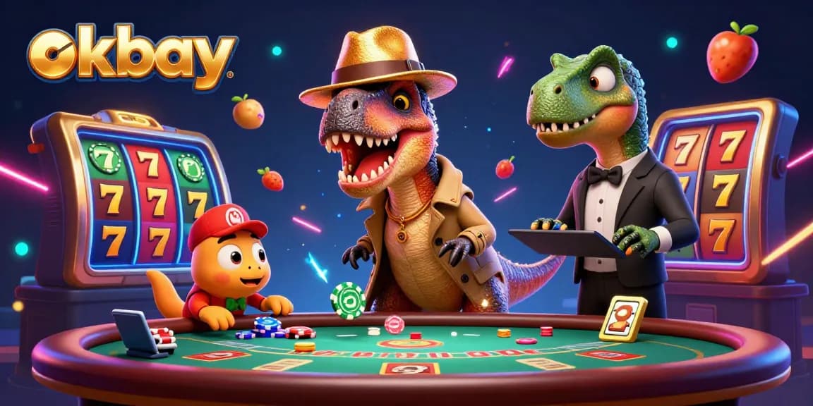 Engage with okbay's lively black jack table as a cartoon velociraptor counts cards.