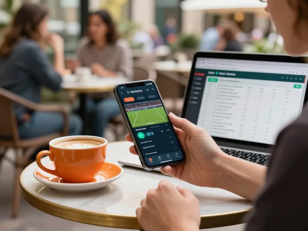 Using the Myfairplay app for live betting in a café, surrounded by lively atmosphere.