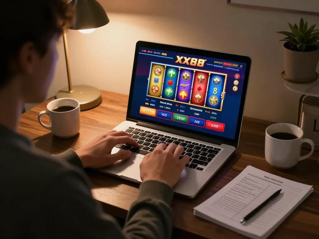 Player enjoying online slots at xx88 from a cozy home desk, showcasing fun and strategy.