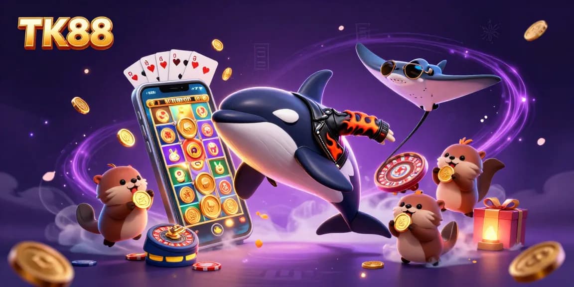 TK88 casino setting with playful characters, vibrant gaming elements, and dynamic energy throughout the scene.