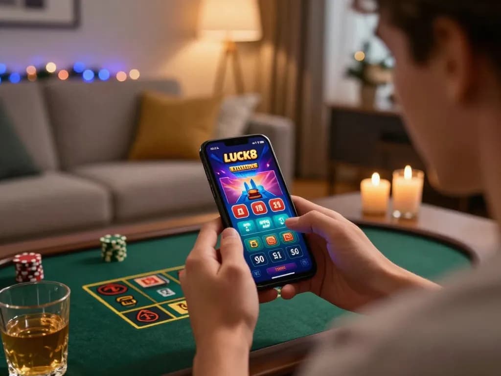 Người chơi LUCK8 đặt cược chiến lược trên một trò chơi dealer trực tiếp qua smartphone tại nhà thoải mái.