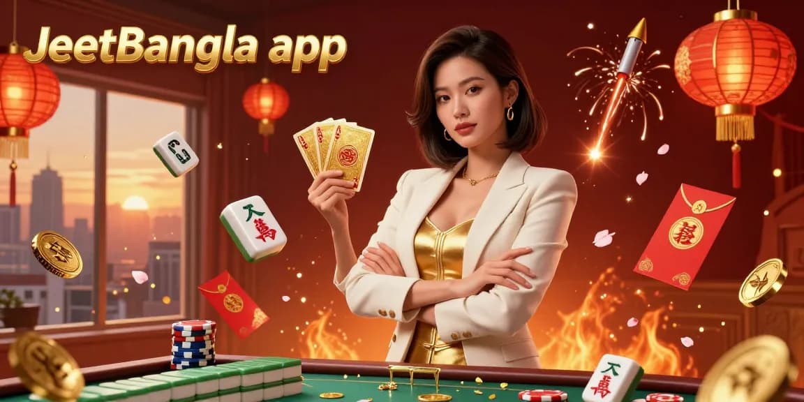 Engage with thrilling gameplay on the JeetBangla app, showcasing a glamorous Asian casino atmosphere and vibrant festive elements.