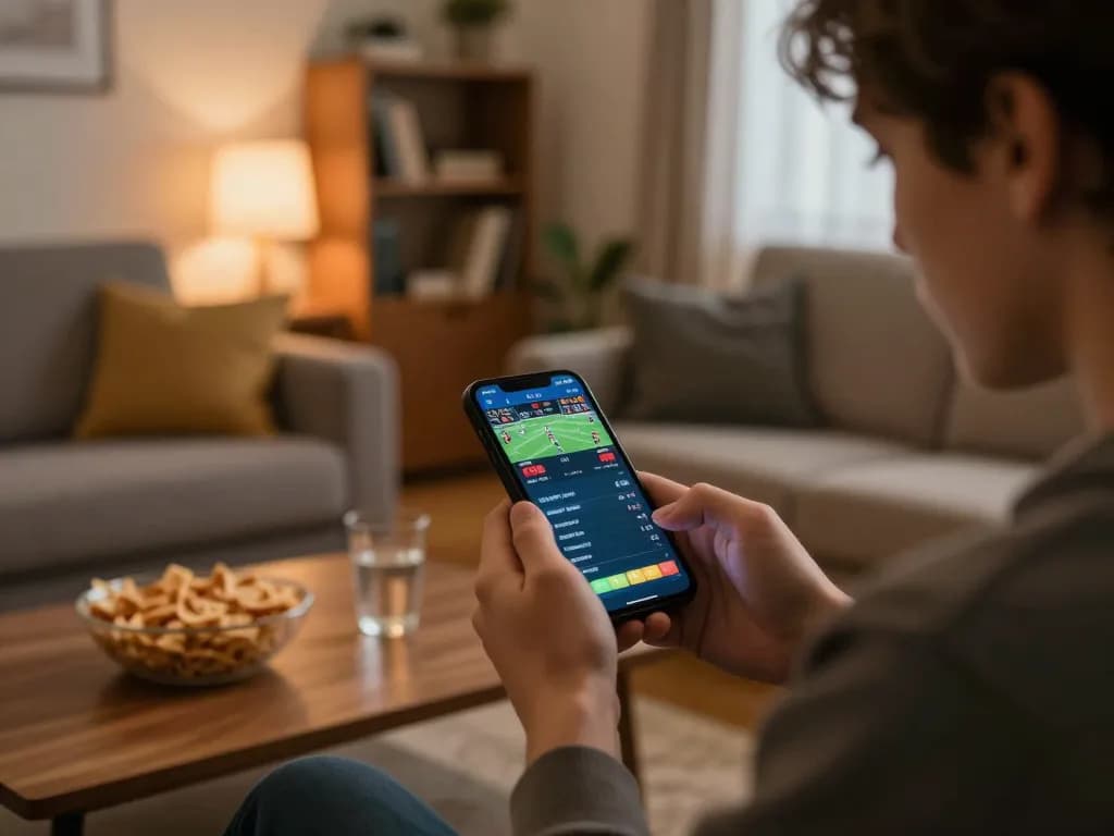 Engaging in kèo nhà cái hôm nay sports betting with smartphone in a cozy living room.