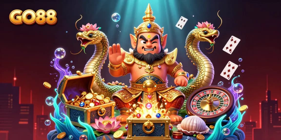 Experience the thrill of GO88 with a vivid illustration of a guardian character amidst gambling elements and excitement.